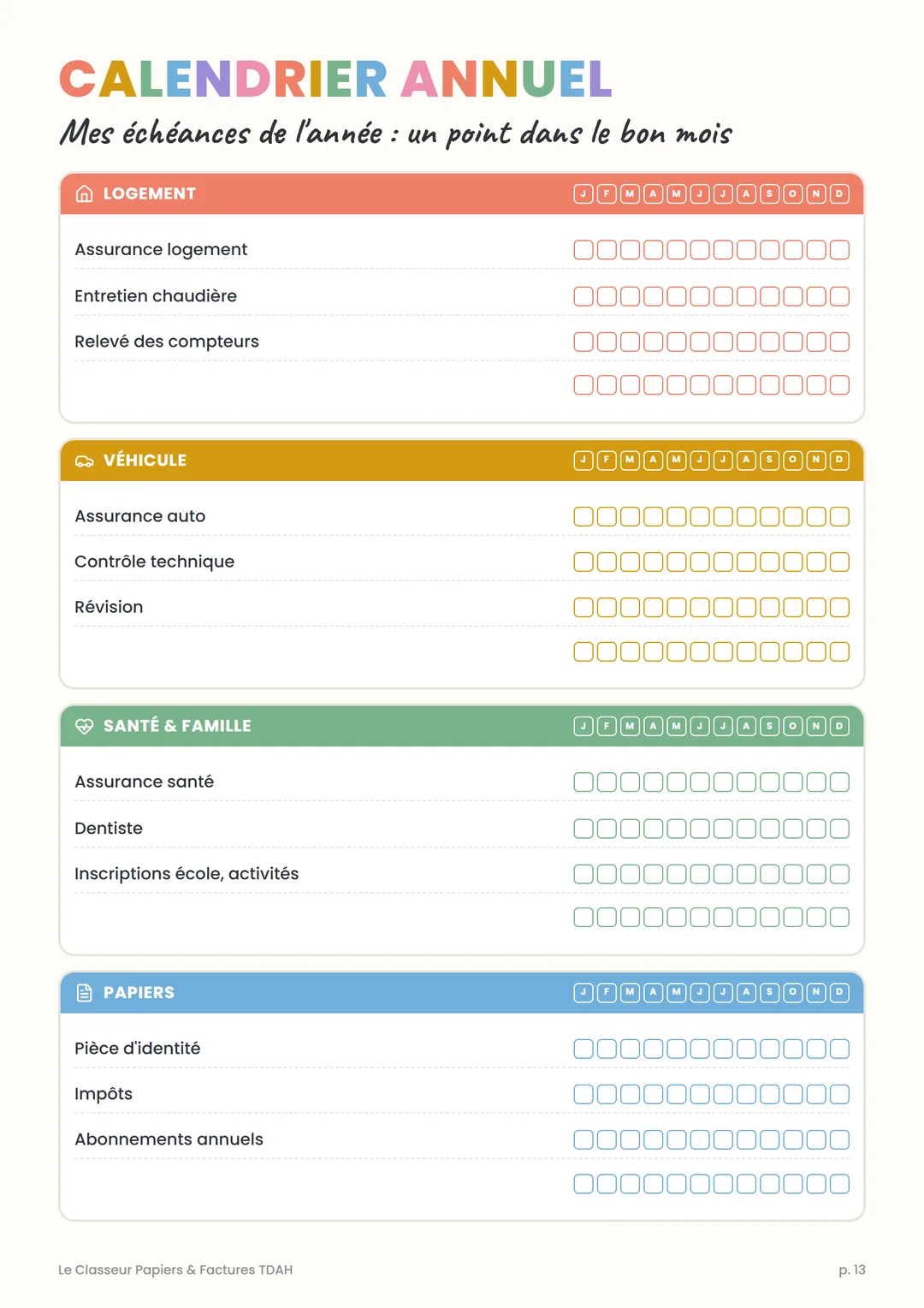 Page Calendrier annuel : les échéances de l’année, mois par mois
