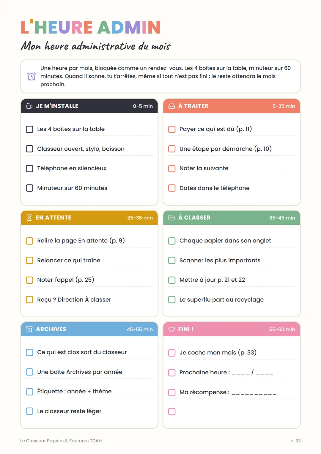 Page « L’heure admin » du Classeur Papiers TDAH : l’heure administrative du mois