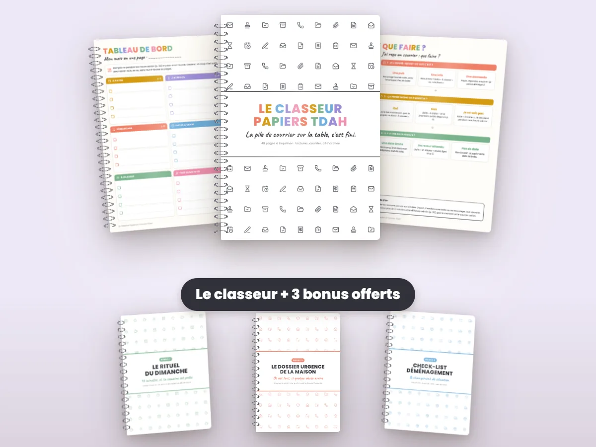 Le Classeur Papiers TDAH : la couverture, les pages « Tableau de bord » et « Que faire ? », et les 3 bonus offerts